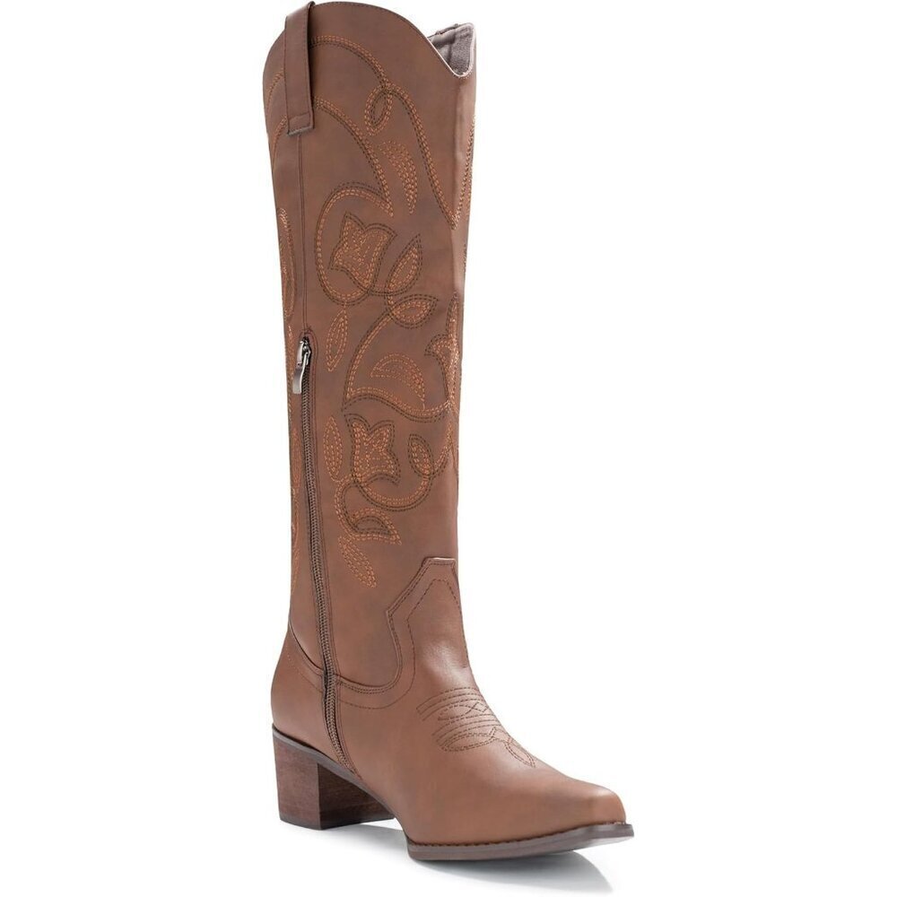 Women's Brown Pointy Toe Faux Leather Western Cowgirl Mid Calf Boots - Picture 3 of 6